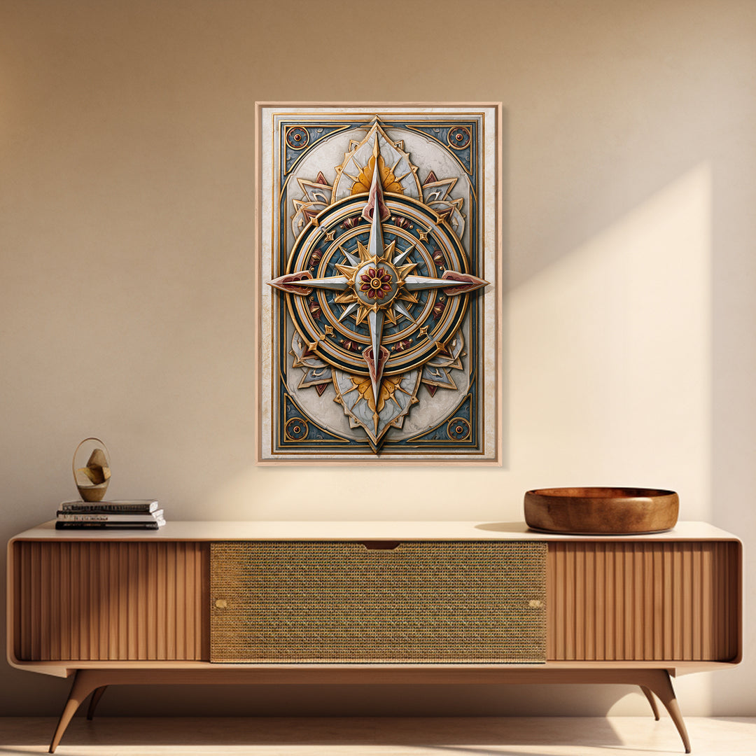 Gold Line Compass Mandala on Parchment Canvas Print, Sacred Geometry Art, Wall Decor, Living Room Decor, Abstract Art, Geometry, SGA-2x3-29