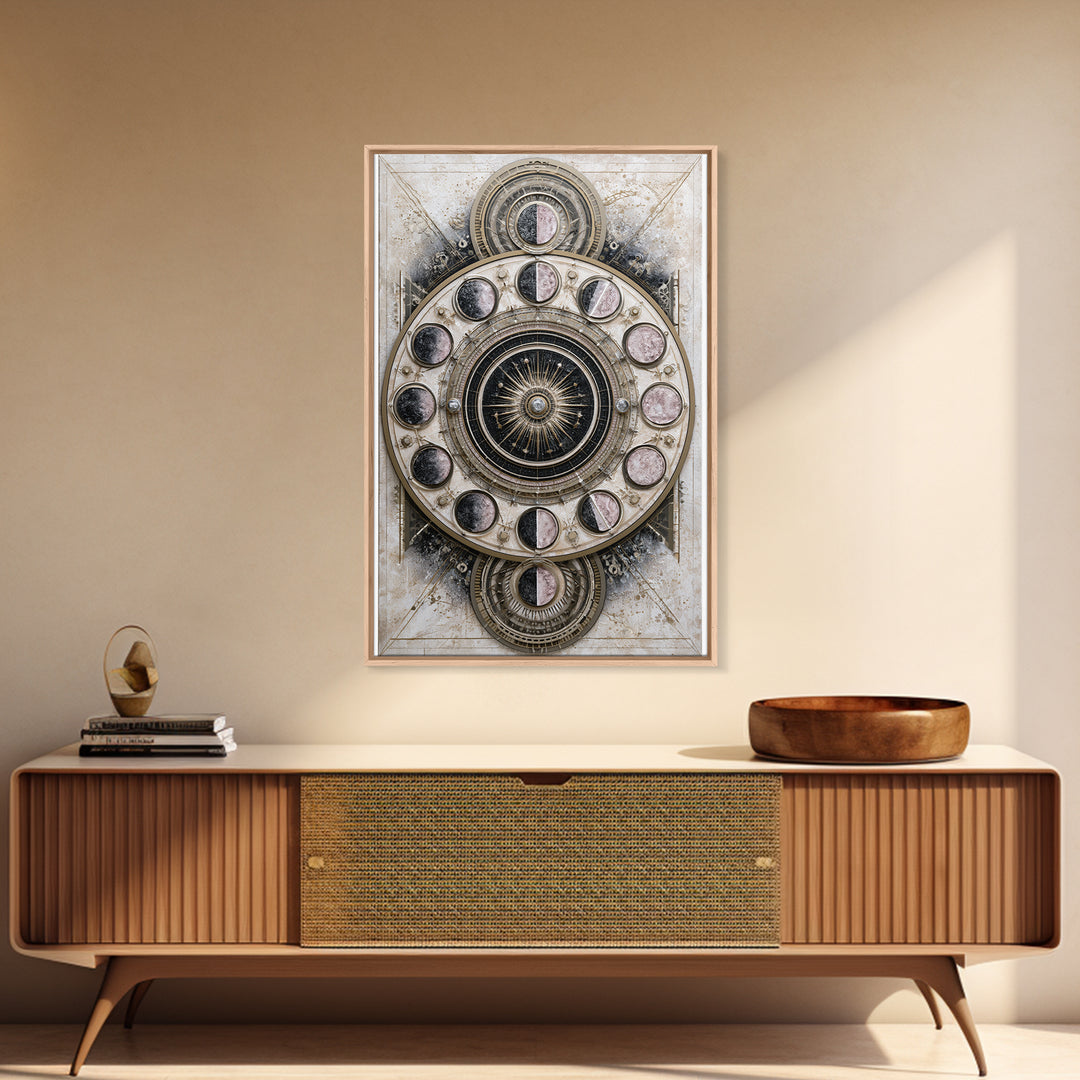 Moon Phase Mandala Framed Canvas Print, Sacred Geometry Art, Textured Painting, Living Room Decor, Fine Art, Geometry, SGA-2x3-46