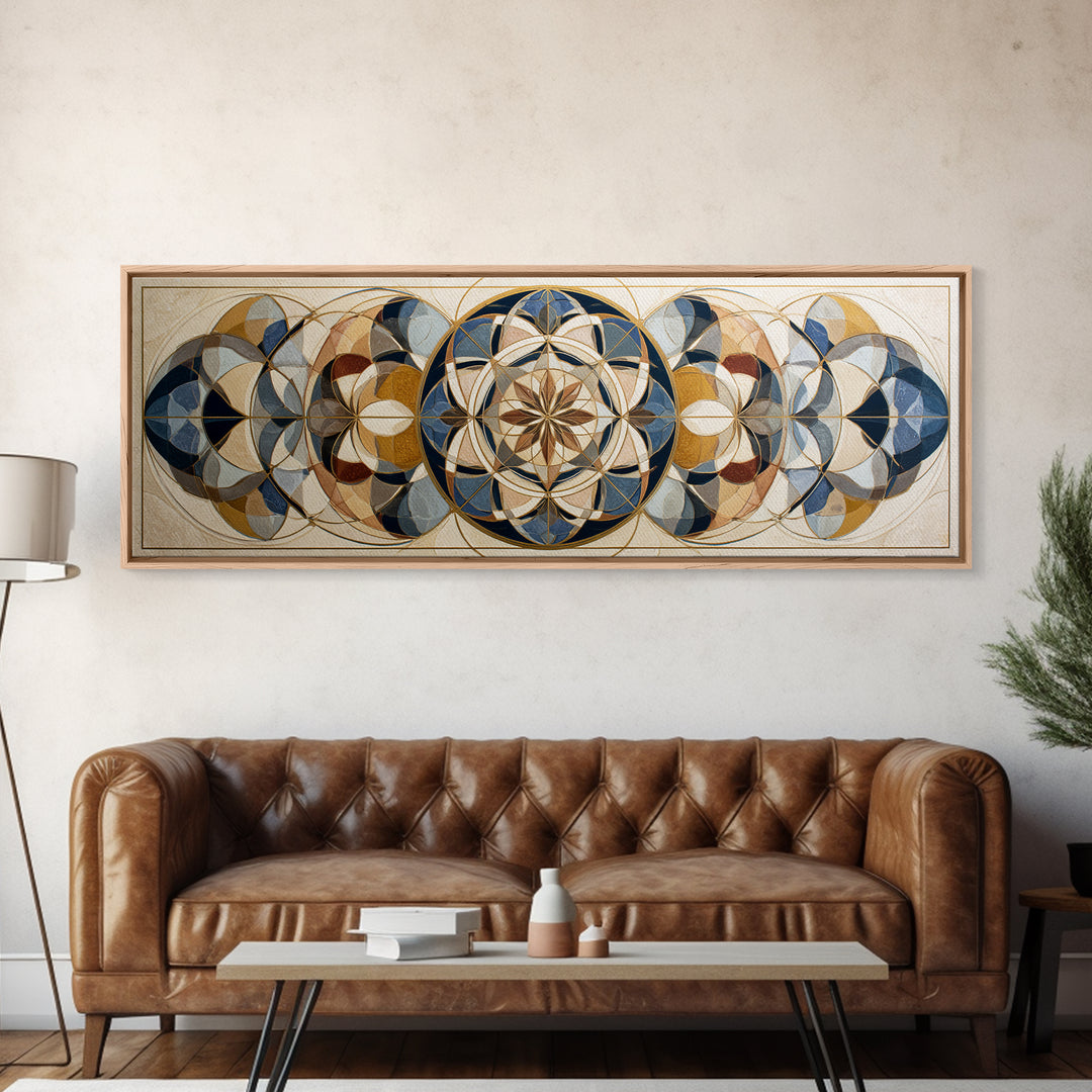 Gold Line Compass Mandala on Parchment Canvas Print, Sacred Geometry Art, Living Room Decor, Geometry, Mandala Wall Art, SGA-3x1-13