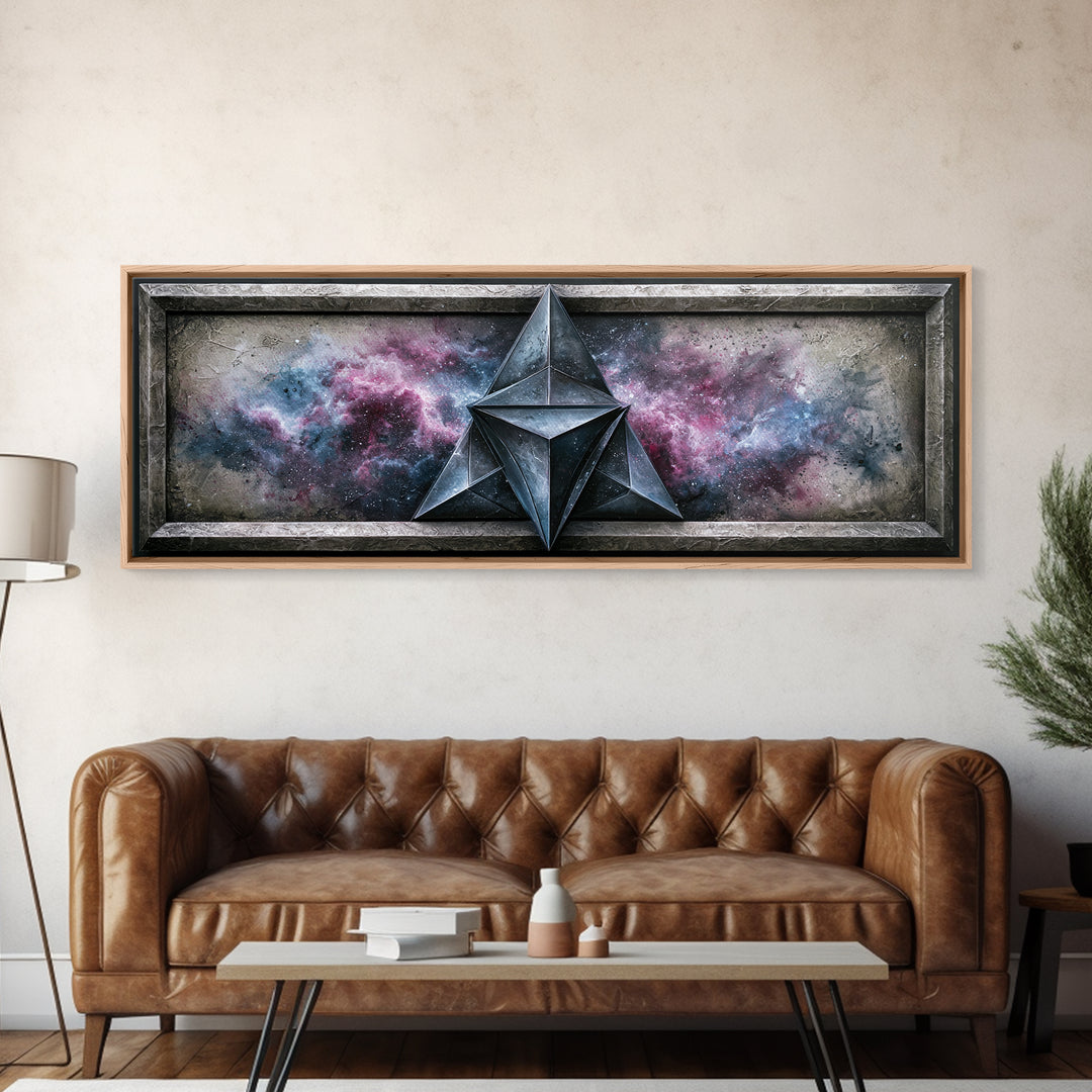 Star Tetrahedron with Watercolor Galaxy Wash Canvas Print, Sacred Geometry Art, Spiritual Wall Art, Living Room Decor, Geometry, SGA-3x1-24