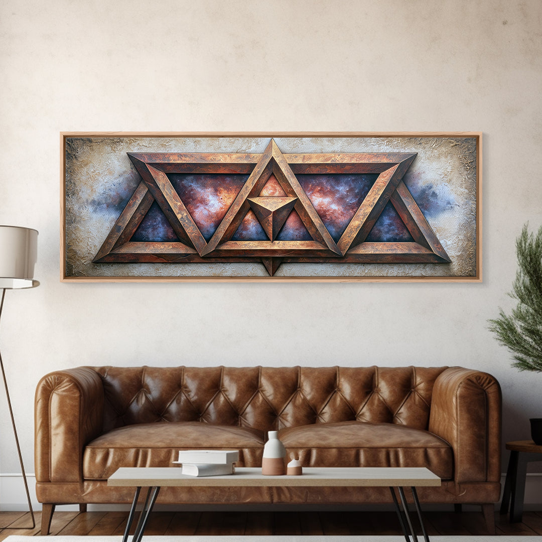 Star Tetrahedron with Watercolor Galaxy Wash Framed Canvas Print, Sacred Geometry Art, Wall Art, Living Room Decor, Geometry, SGA-3x1-72