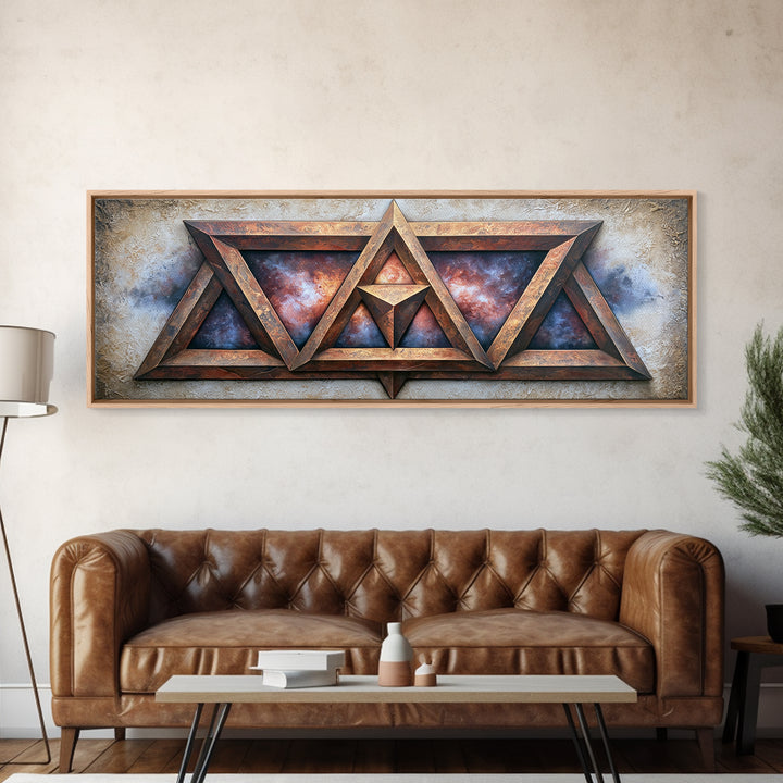 Star Tetrahedron with Watercolor Galaxy Wash Framed Canvas Print, Sacred Geometry Art, Wall Art, Living Room Decor, Geometry, SGA-3x1-72