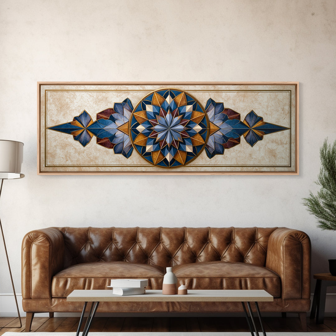 Gold Line Compass Mandala on Parchment Canvas Print, Sacred Geometry Art, Rustic Home Decor, Living Room Decor, Abstract Art, SGA-3x1-85