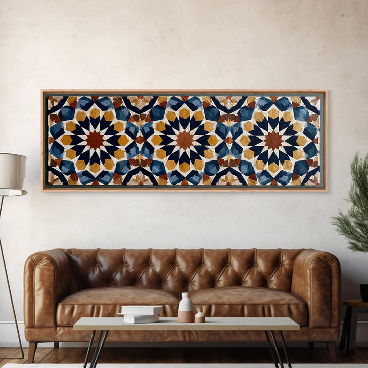 Moroccan Sacred Tile Star Pattern Canvas Print, Sacred Geometry Art, Minimalist Decor, Living Room Decor, Oil Painting, SGA-3x1-88