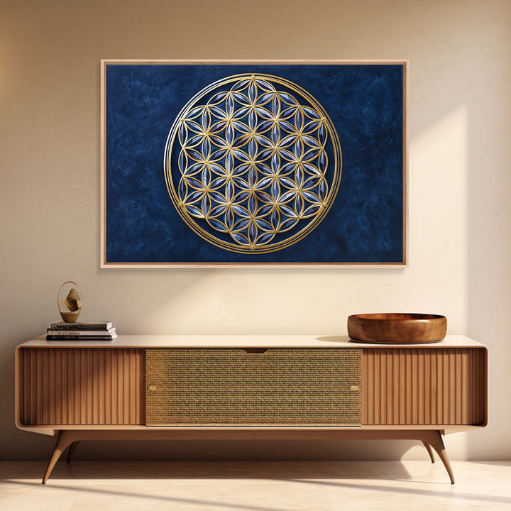 Flower of Life Pattern Framed Canvas Print, Sacred Geometry Art, Floral Prints, Living Room Decor, Oil Painting, Geometry, SGA-3x2-5