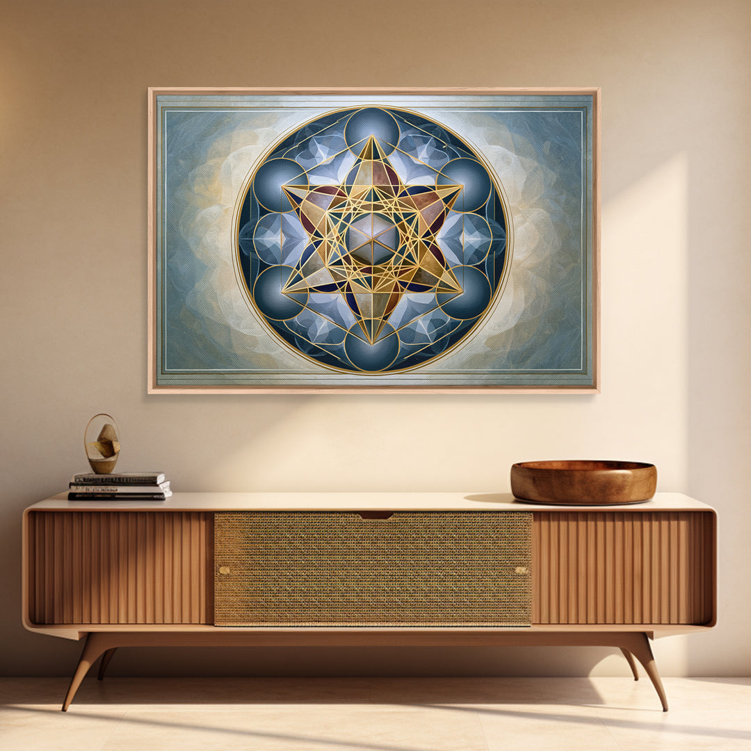 Metatron Cube with Celestial Background Framed Canvas Print, Sacred Geometry Art, Digital Art, Living Room Decor, Oil Painting, SGA-3x2-55