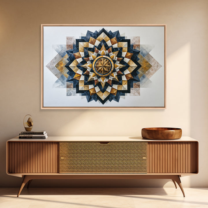 Black and Gold Geometric Rosette Framed Canvas Print, Sacred Geometry Art, Home Decor, Living Room Decor, Fine Art, Geometry, SGA-3x2-64