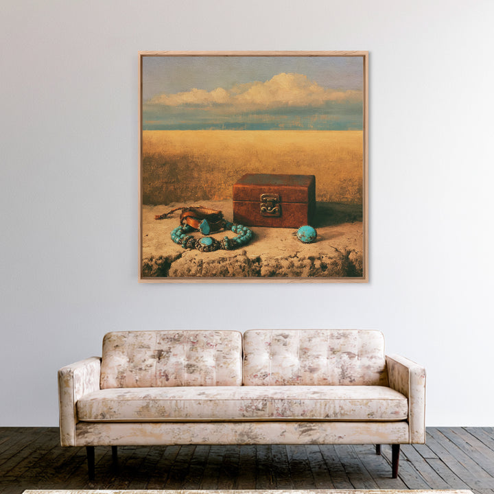 Turquoise Jewelry and Leather Still Life Framed Canvas Print, Southwestern Art, Boho Wall Art, Southwestern Decor, Mesa, SOU-1x1-11