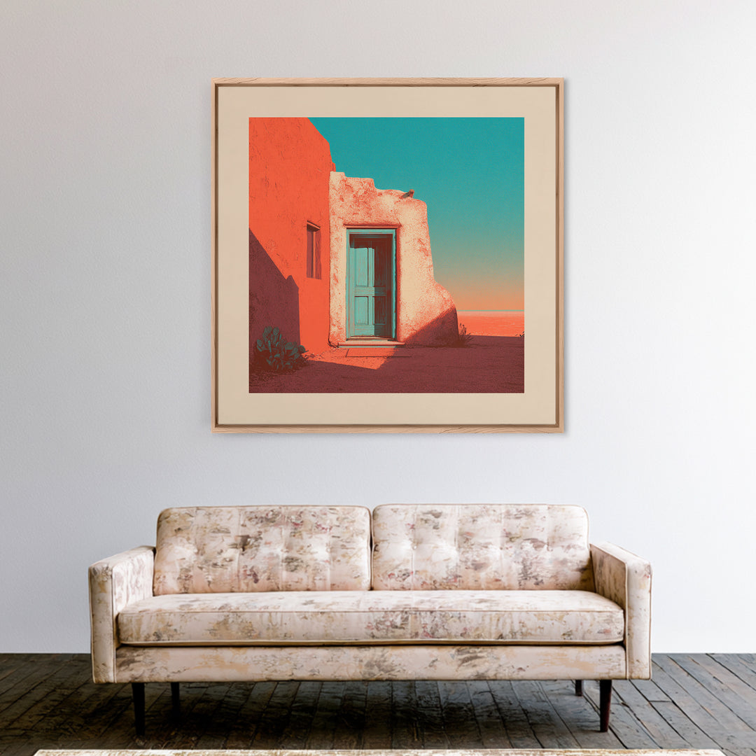 Adobe Doorway with Turquoise Blue Shadow Framed Canvas Print, Southwestern Art, Textured Painting, Southwestern Decor, Mesa, SOU-1x1-29