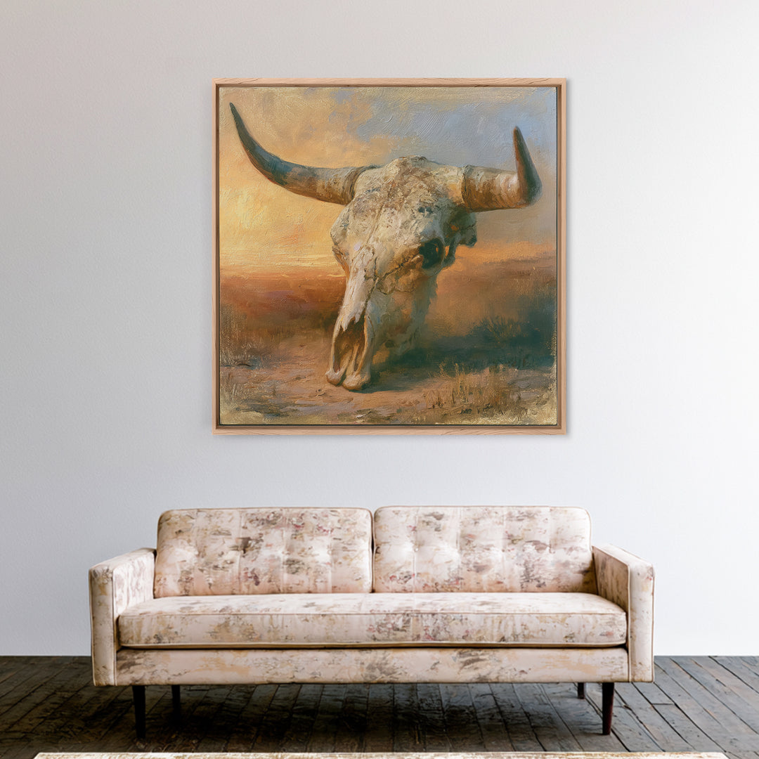Sun Bleached Longhorn Skull Still Life Framed Canvas Print, Southwestern Art, Southwestern Decor, Abstract Art, Mesa, SOU-1x1-33