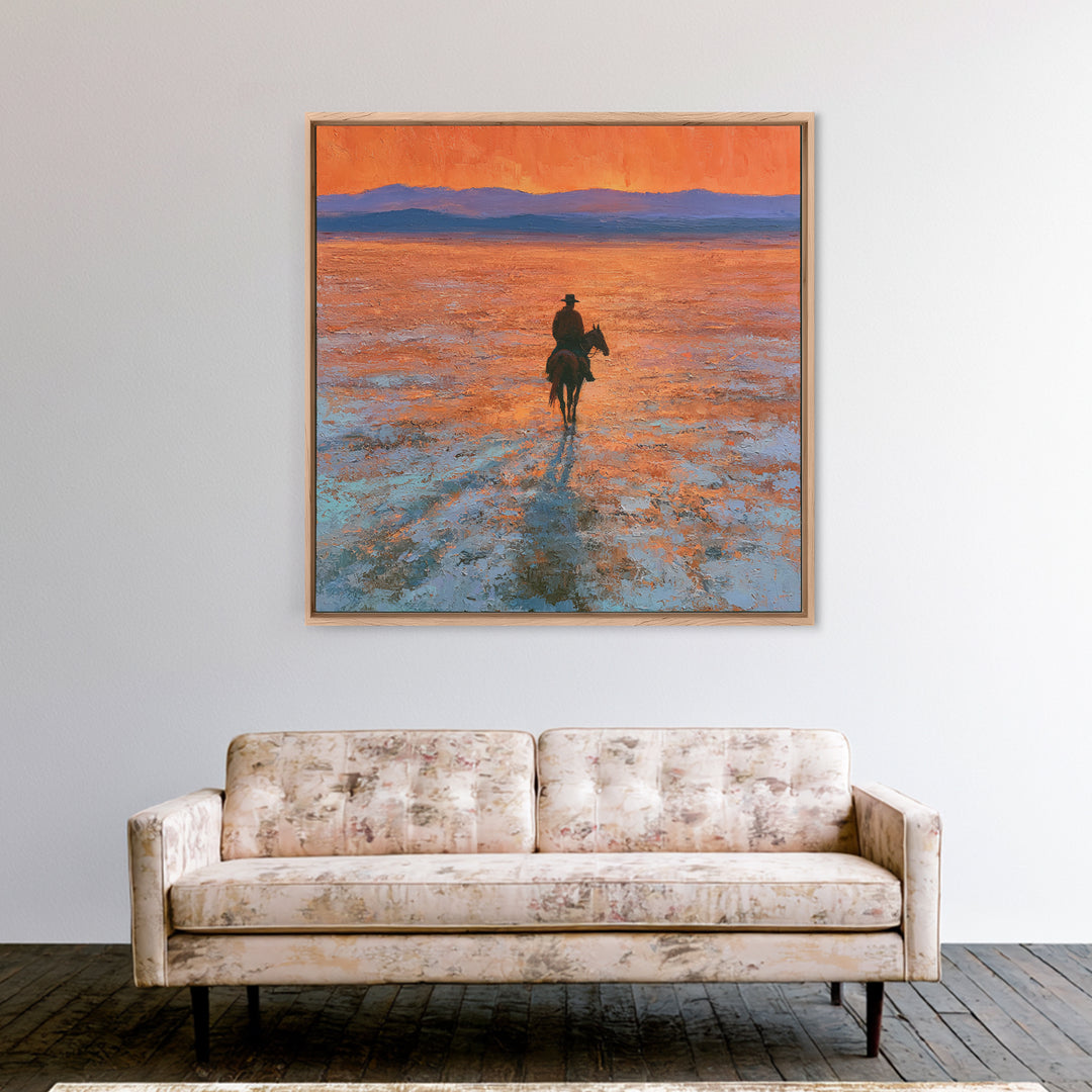 Horse Rider Crossing Desert at Dusk Framed Canvas Print, Southwestern Art, Farmhouse Wall Art, Southwestern Decor, Mesa, SOU-1x1-43