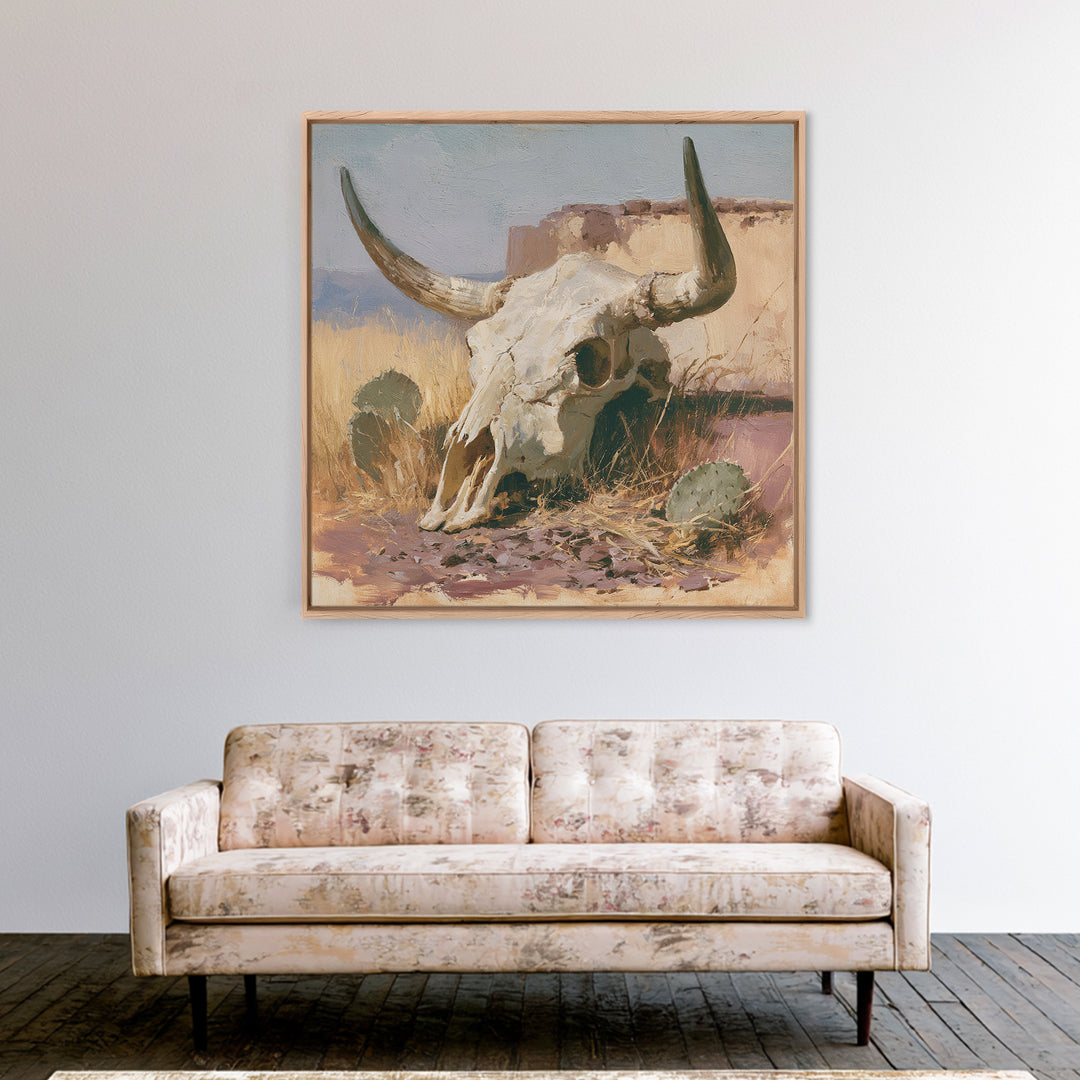 Sun Bleached Longhorn Skull Still Life Framed Canvas Print, Southwestern Art, Southwestern Decor, Abstract Art, Mesa, SOU-1x1-57