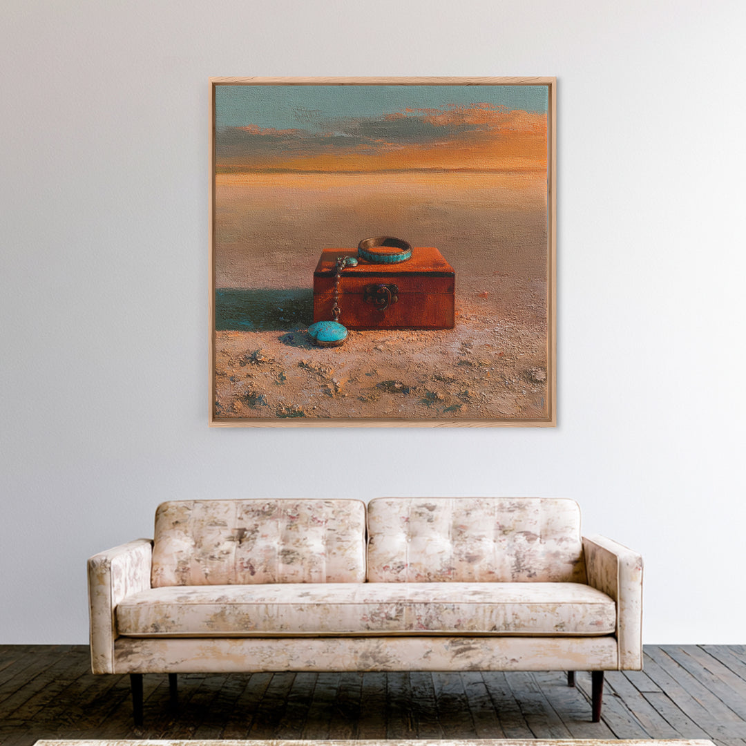 Turquoise Jewelry and Leather Still Life Canvas Print, Southwestern Art, Gallery Decor, Southwestern Decor, Fine Art, Mesa, SOU-1x1-59