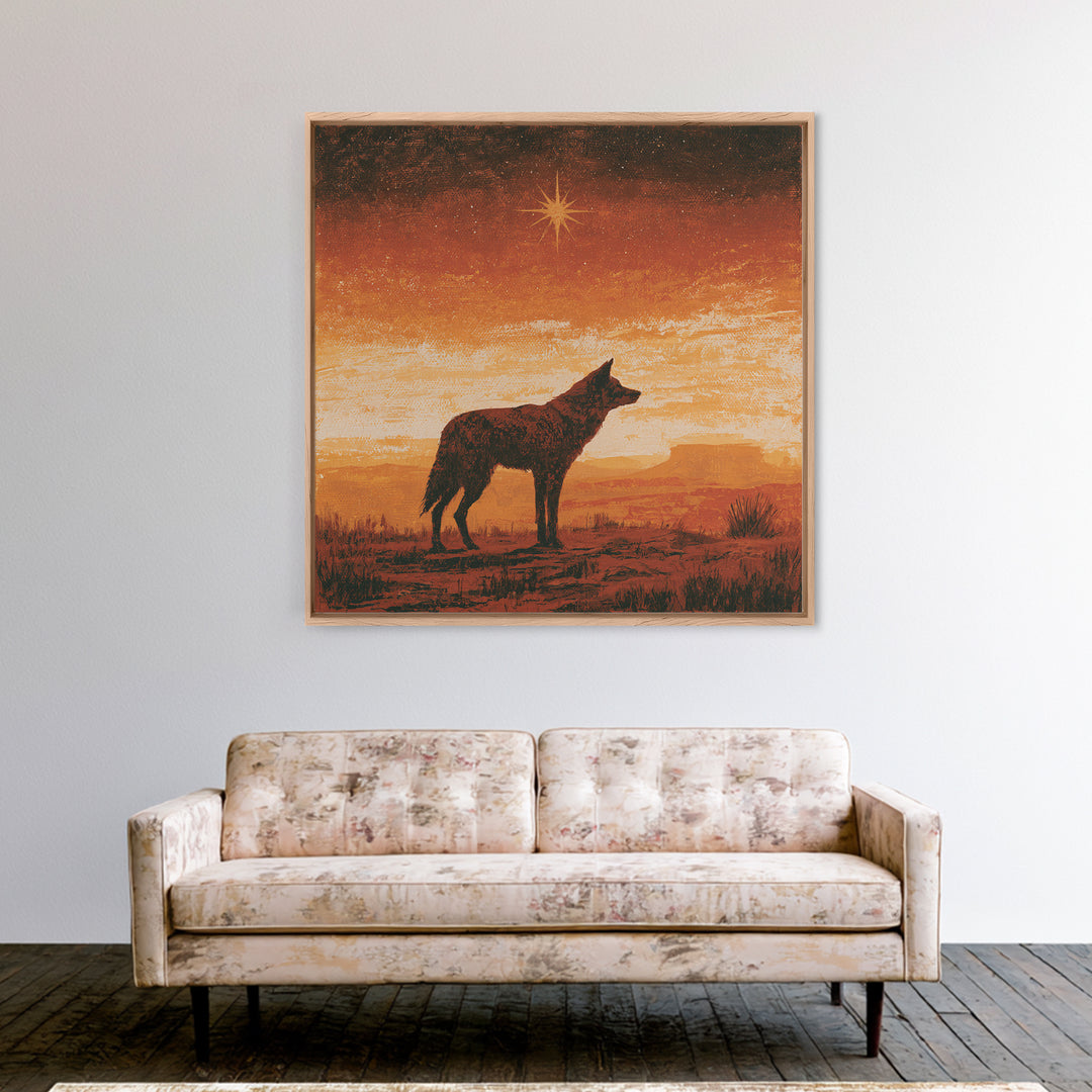 Coyote Silhouette Beneath Starry Sky Framed Canvas Print, Southwestern Art, Neutral Decor, Southwestern Decor, Fine Art, Mesa, SOU-1x1-63