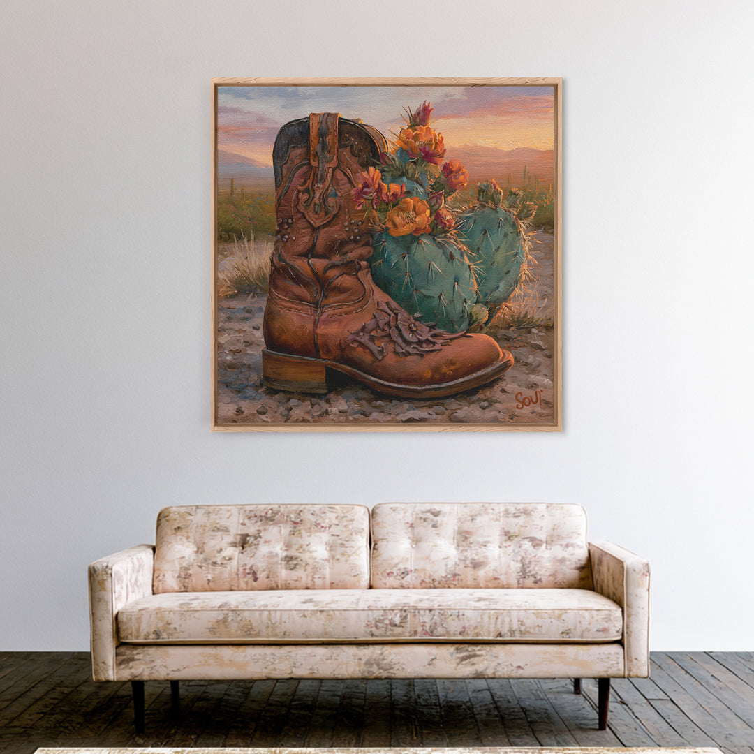 Western Boot with Cactus Blossoms Framed Canvas Print, Southwestern Art, Luxury Decor, Southwestern Decor, Fine Art, Mesa, SOU-1x1-65