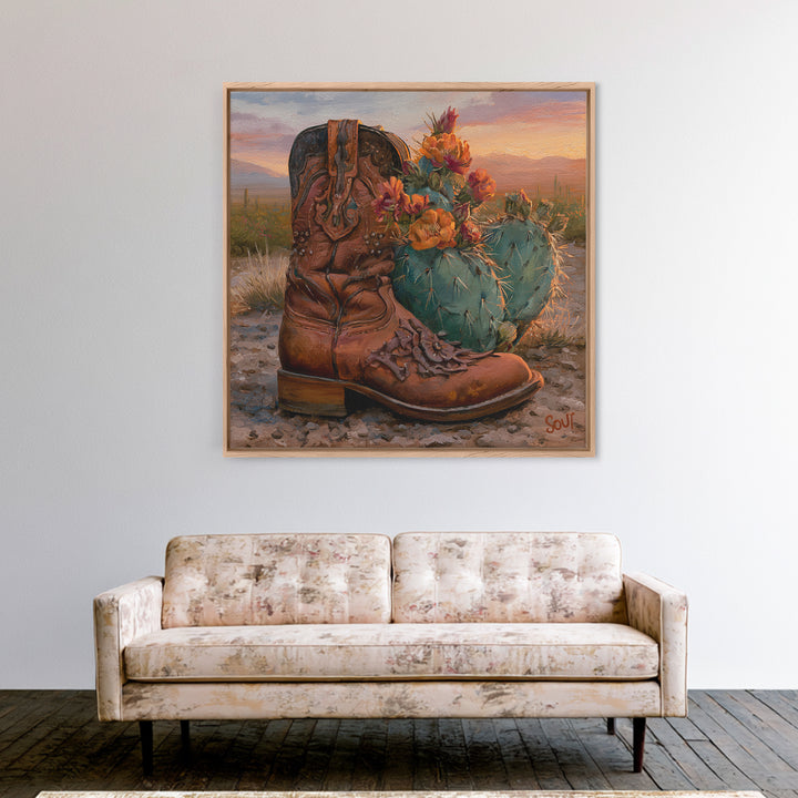 Western Boot with Cactus Blossoms Framed Canvas Print, Southwestern Art, Luxury Decor, Southwestern Decor, Fine Art, Mesa, SOU-1x1-65