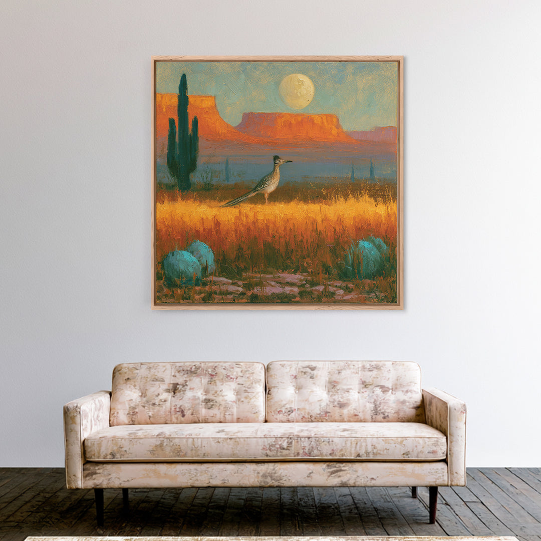 Roadrunner under a Pale Desert Moon Framed Canvas Print, Southwestern Art, Digital Wall Art, Southwestern Decor, Oil Painting, SOU-1x1-8