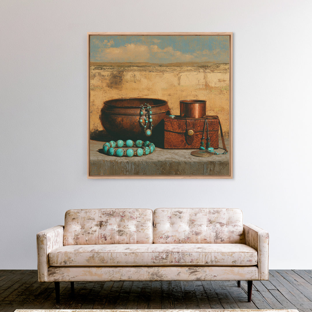 Turquoise Jewelry and Leather Still Life Framed Canvas Print, Southwestern Art, Luxury Decor, Southwestern Decor, Mesa, SOU-1x1-83