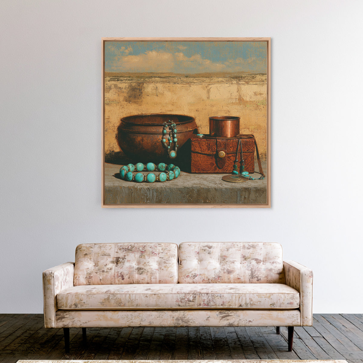 Turquoise Jewelry and Leather Still Life Framed Canvas Print, Southwestern Art, Luxury Decor, Southwestern Decor, Mesa, SOU-1x1-83