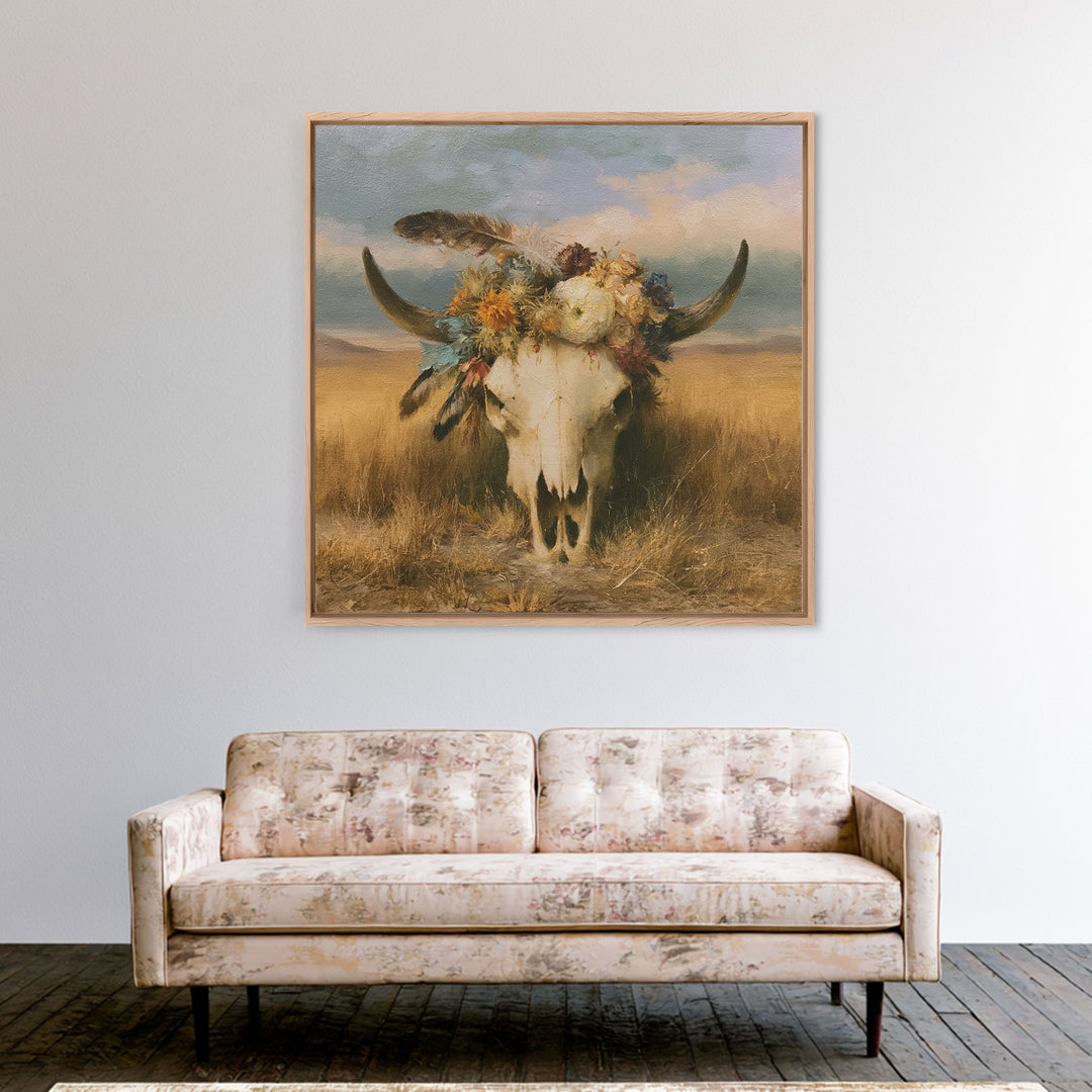 Cow Skull with Desert Flowers and Feathers Canvas Print, Southwestern Art, Wall Decor, Southwestern Decor, Oil Painting, Mesa, SOU-1x1-99
