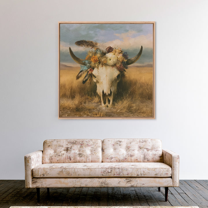 Cow Skull with Desert Flowers and Feathers Canvas Print, Southwestern Art, Wall Decor, Southwestern Decor, Oil Painting, Mesa, SOU-1x1-99