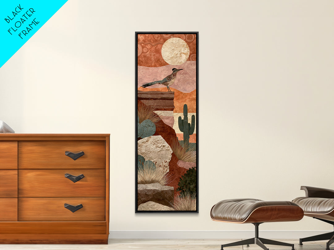 Roadrunner under a Pale Desert Moon Framed Canvas Print, Southwestern Art, Art, Southwestern Decor, Mesa, Boho Wall Decor, SOU-1x3-20