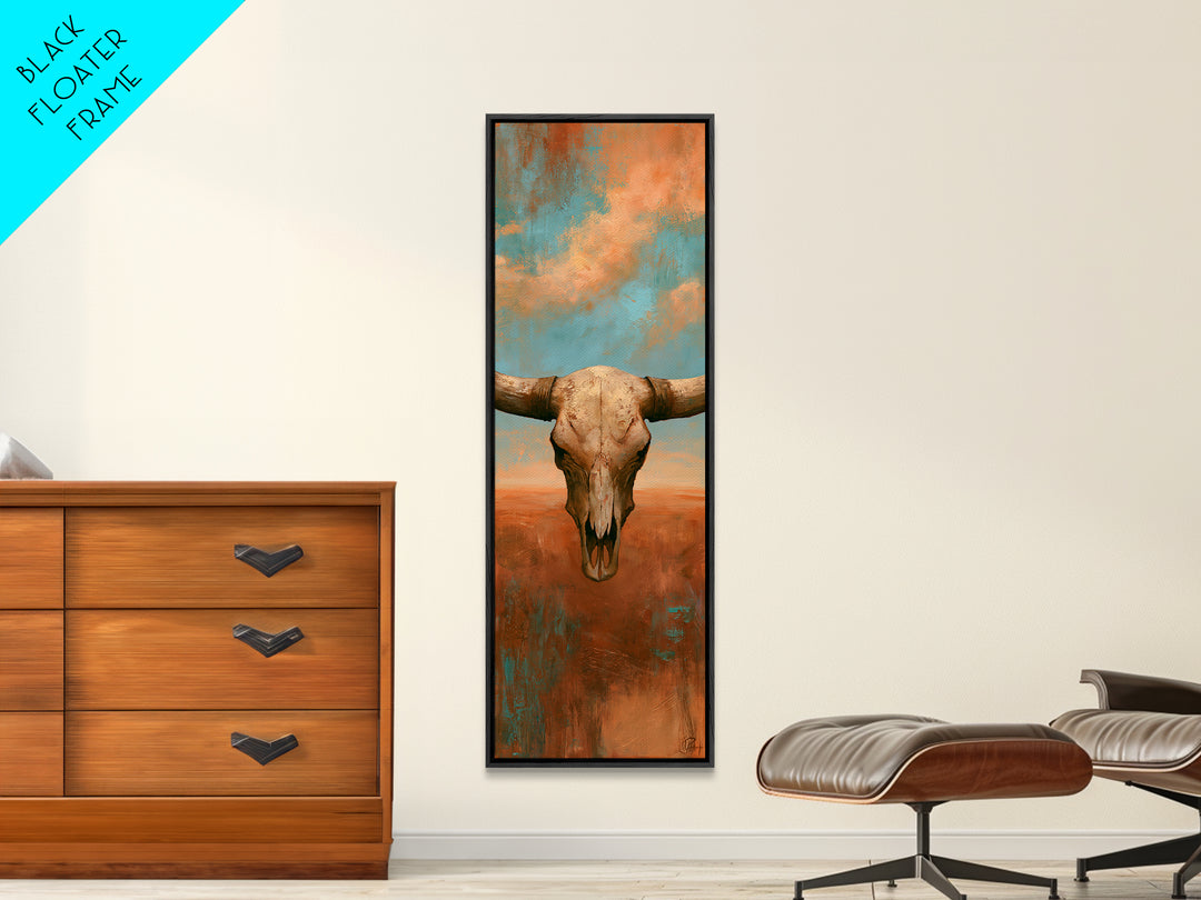 Sun Bleached Longhorn Skull Still Life Framed Canvas Print, Southwestern Art, Wall Art, Southwestern Decor, Oil Painting, Mesa, SOU-1x3-69