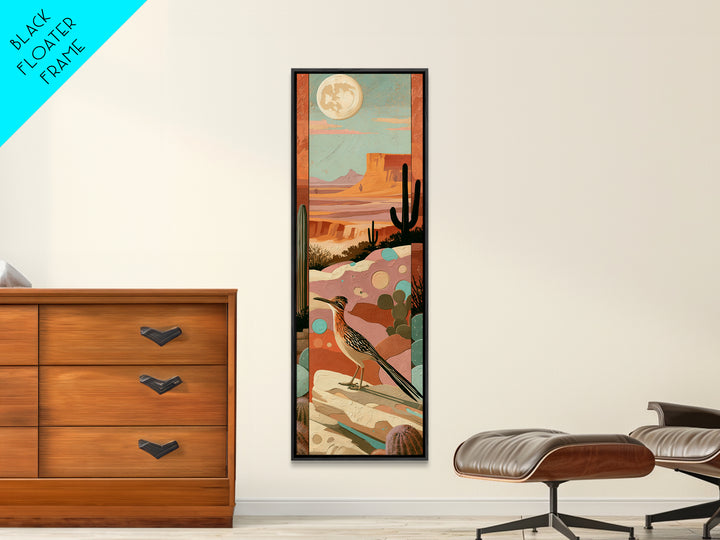 Roadrunner under a Pale Desert Moon Framed Canvas Print, Southwestern Art, Mexican Folk Art, Southwestern Decor, Watercolor Art, SOU-1x3-92