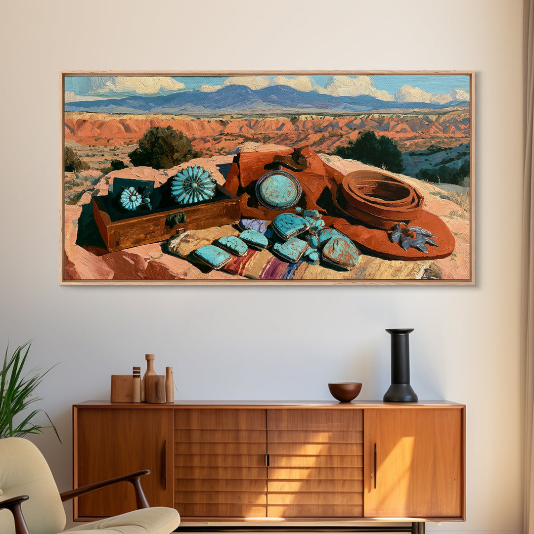 Turquoise Jewelry and Leather Still Life Canvas Print, Southwestern Art, Prints Wall Art, Southwestern Decor, Fine Art, Mesa, SOU-2x1-31