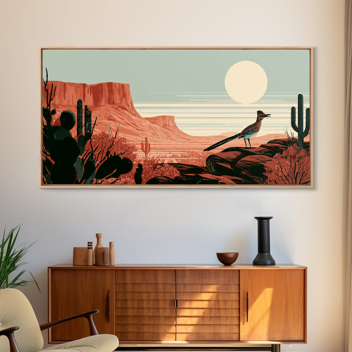 Roadrunner under a Pale Desert Moon Canvas Print, Southwestern Art, Luxury Decor, Southwestern Decor, Oil Painting, Mesa, SOU-2x1-4