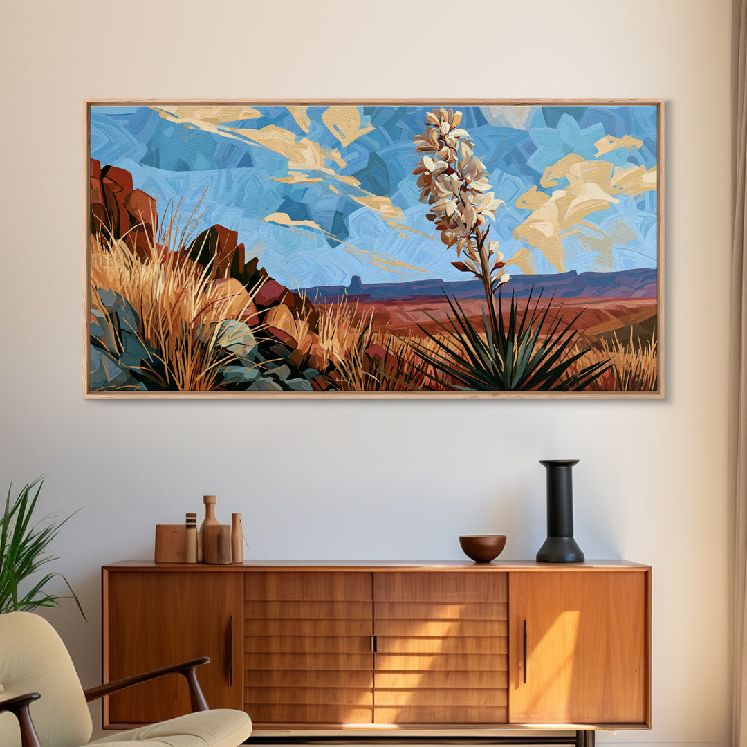 Yucca Blooms Against Clear Blue Sky Framed Canvas Print, Southwestern Art, Art, Southwestern Decor, Mesa, Boho Wall Decor, SOU-2x1-40