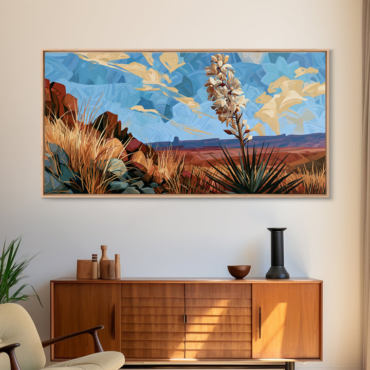 Yucca Blooms Against Clear Blue Sky Framed Canvas Print, Southwestern Art, Art, Southwestern Decor, Mesa, Boho Wall Decor, SOU-2x1-40