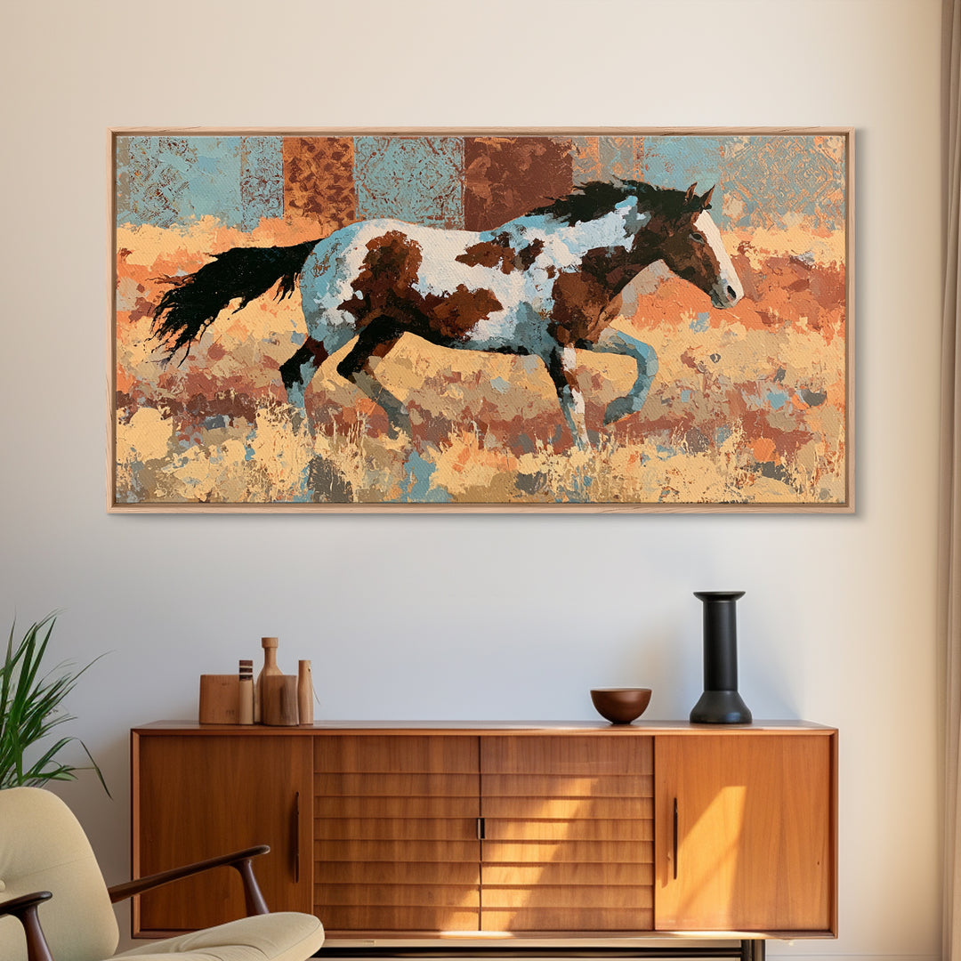 Wild Mustang Running Through Dusty Canyon Framed Canvas Print, Southwestern Art, Southwestern Decor, Oil Painting, Mesa, SOU-2x1-50