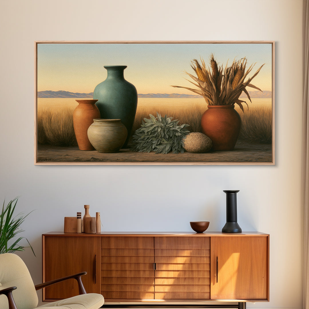 Pueblo Pottery Still Life Framed Canvas Print, Southwestern Art, Gallery Decor, Southwestern Decor, Fine Art, Mesa, Wall Art, SOU-2x1-67
