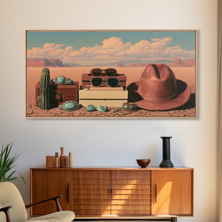 Turquoise Jewelry and Leather Still Life Framed Canvas Print, Southwestern Art, Printable Wall Art, Southwestern Decor, Mesa, SOU-2x1-7