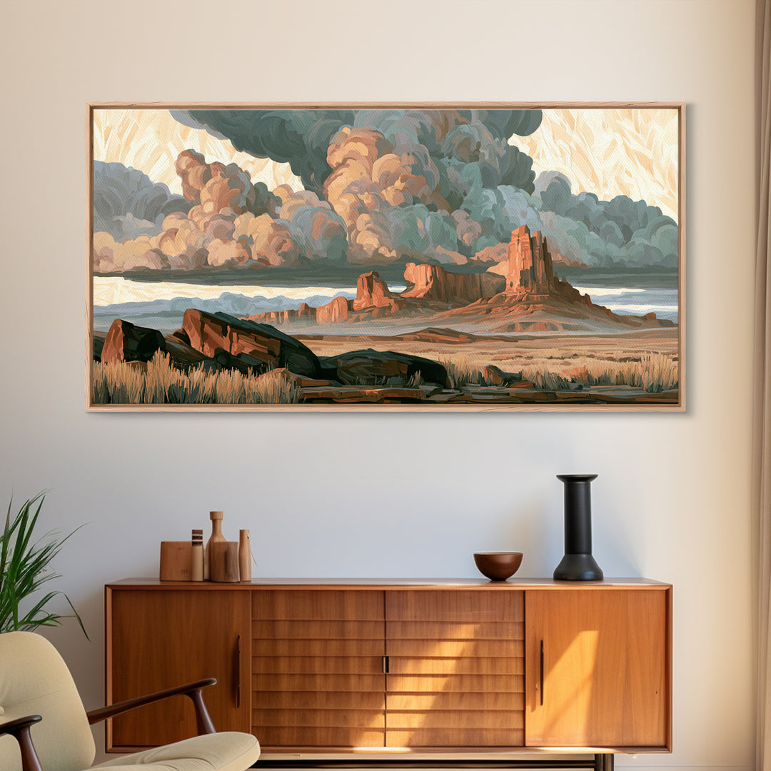Desert Storm Clouds Framed Canvas Print, Southwestern Art, Tapestry Wall Art, Southwestern Decor, Oil Painting, Mesa, SOU-2x1-80