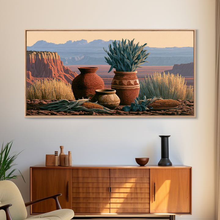 Pueblo Pottery Still Life Framed Canvas Print, Southwestern Art, Prints Wall Art, Southwestern Decor, Fine Art, Mesa, SOU-2x1-91