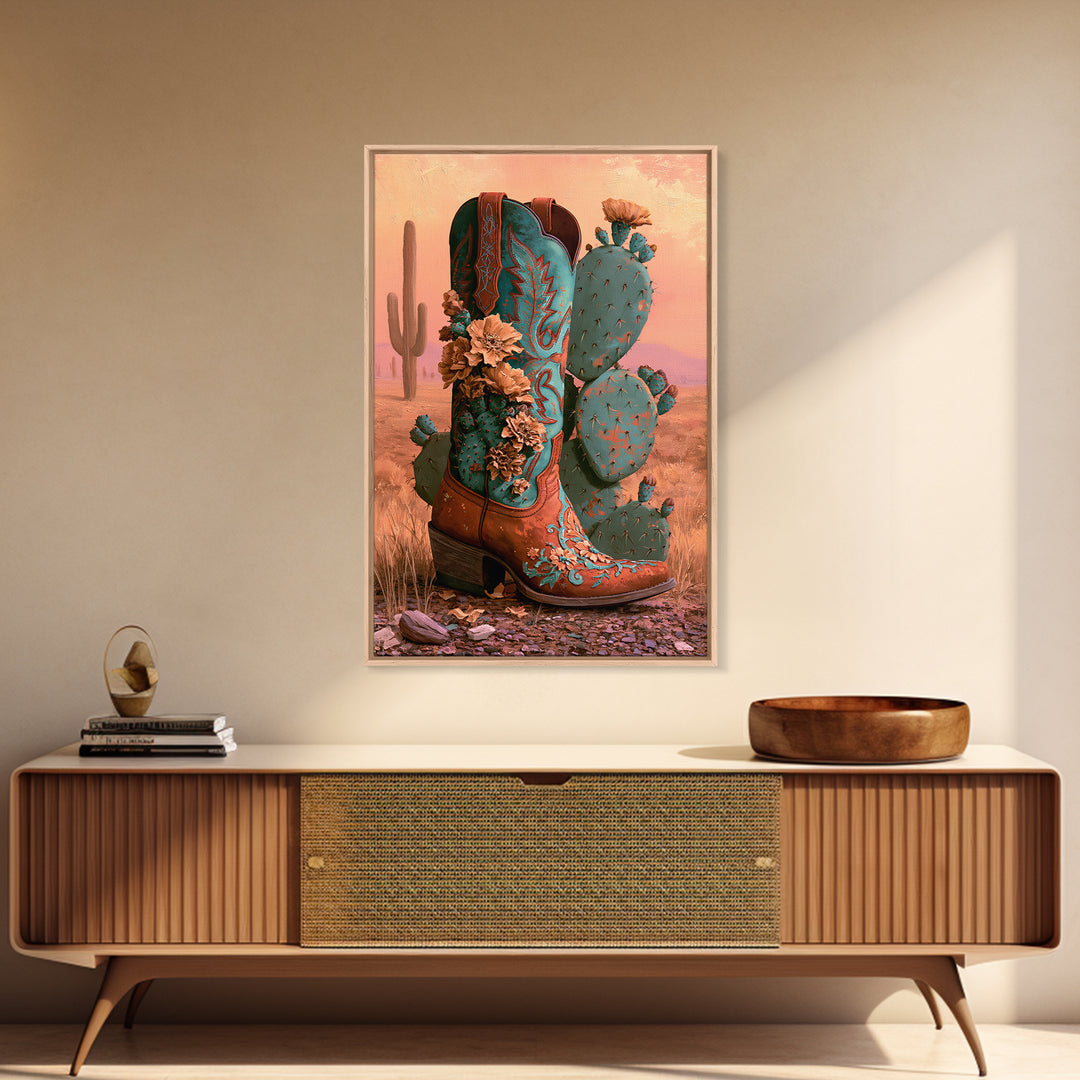 Western Boot with Cactus Blossoms Framed Canvas Print, Southwestern Art, Digital Wall Art, Southwestern Decor, Fine Art, Mesa, SOU-2x3-25