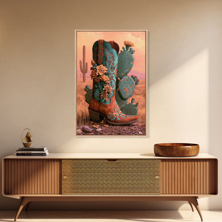 Western Boot with Cactus Blossoms Framed Canvas Print, Southwestern Art, Digital Wall Art, Southwestern Decor, Fine Art, Mesa, SOU-2x3-25