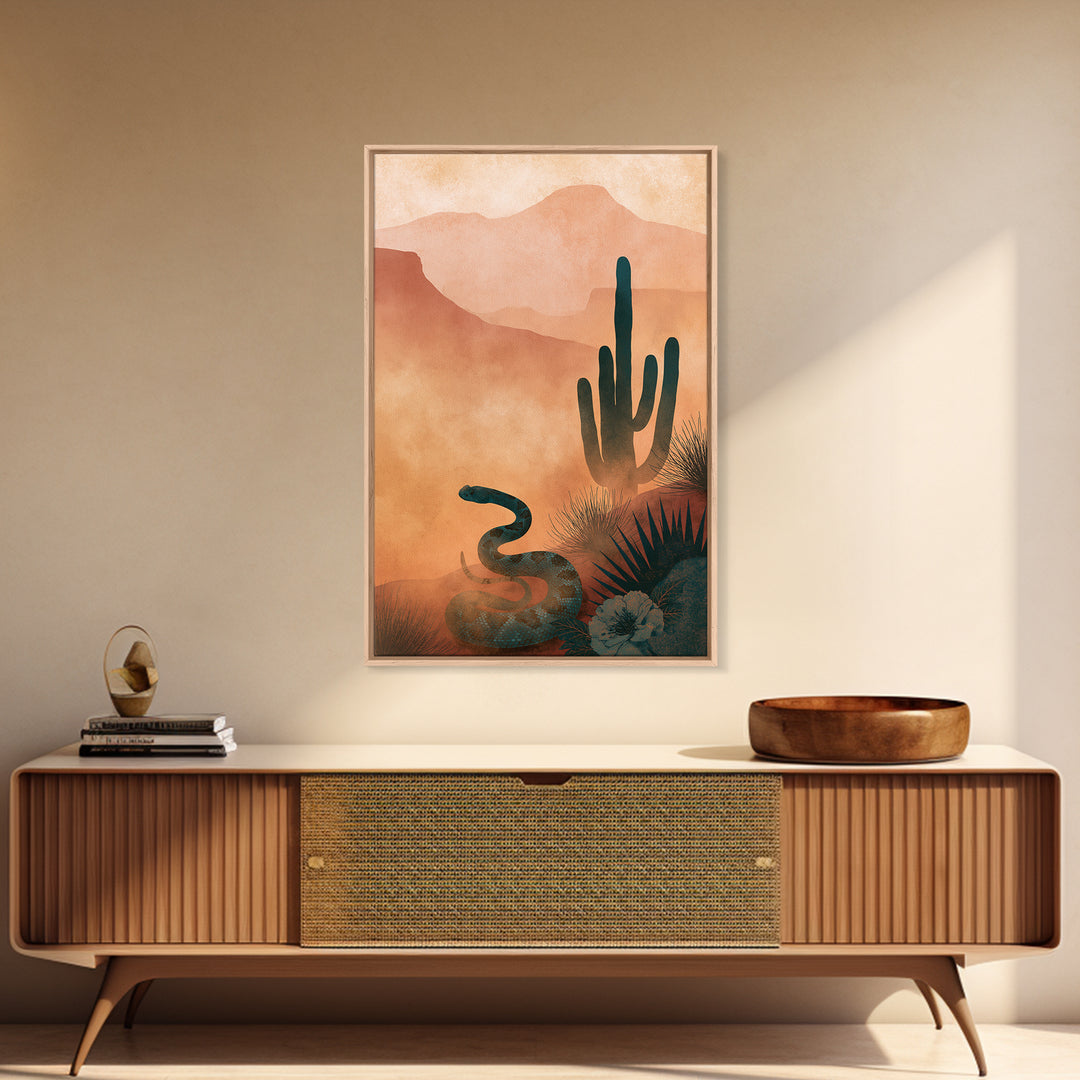 Snake and Desert Flower Composition Framed Canvas Print, Southwestern Art, Minimalist Decor, Southwestern Decor, Oil Painting, SOU-2x3-30
