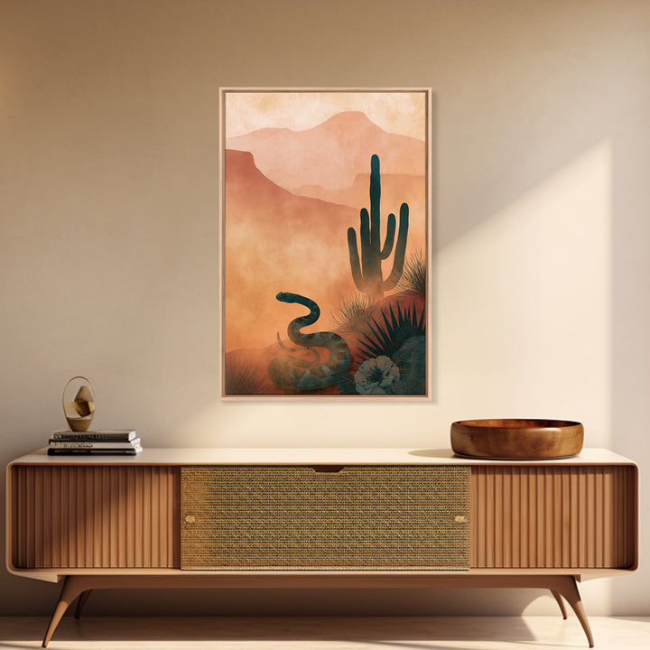 Snake and Desert Flower Composition Framed Canvas Print, Southwestern Art, Minimalist Decor, Southwestern Decor, Oil Painting, SOU-2x3-30