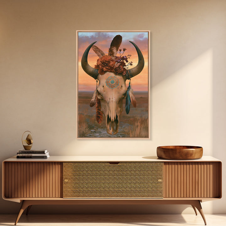Cow Skull with Desert Flowers and Feathers Canvas Print, Southwestern Art, Southwestern Decor, Watercolor Art, Mesa, SOU-2x3-35