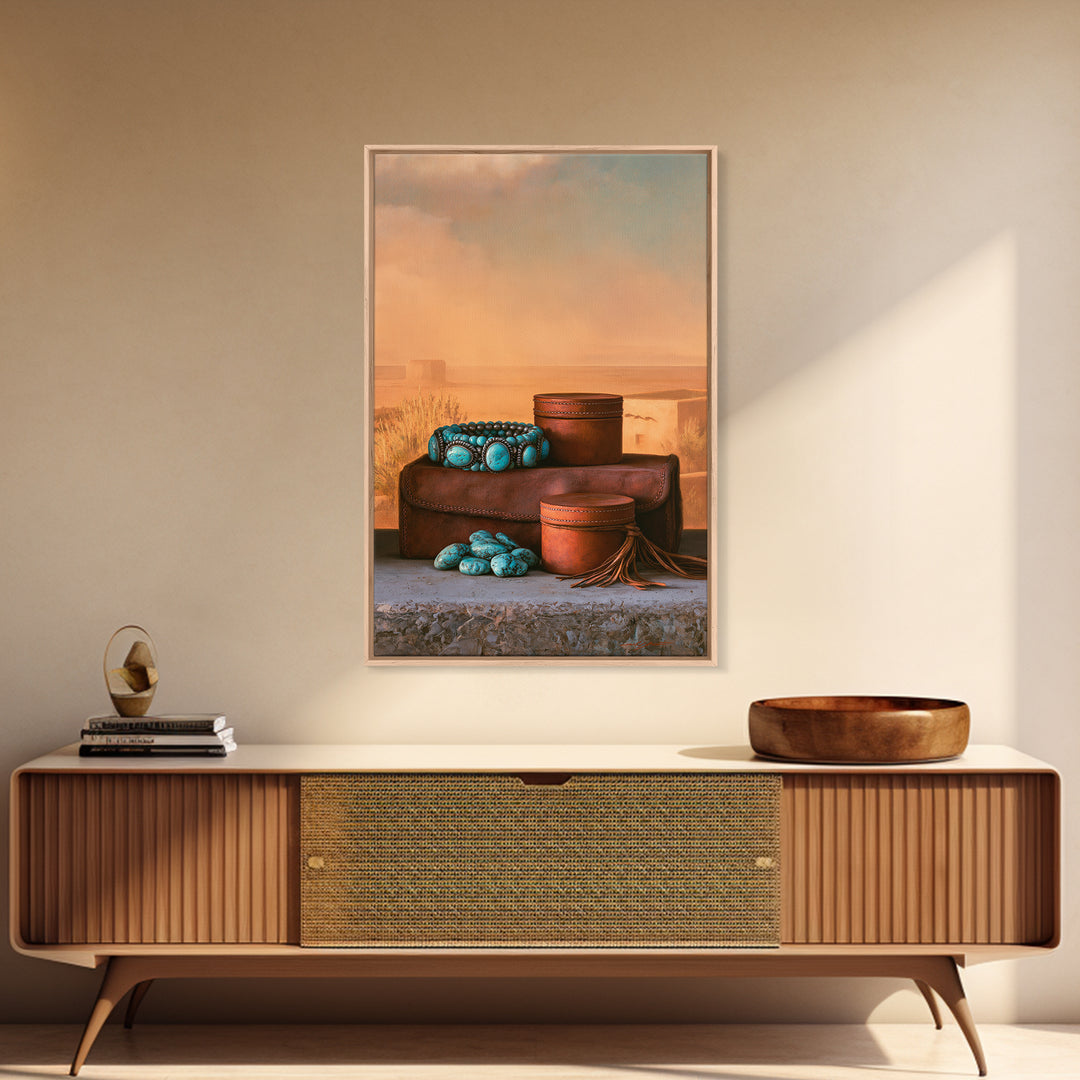 Turquoise Jewelry and Leather Still Life Framed Canvas Print, Southwestern Art, Prints Wall Art, Southwestern Decor, Mesa, SOU-2x3-43