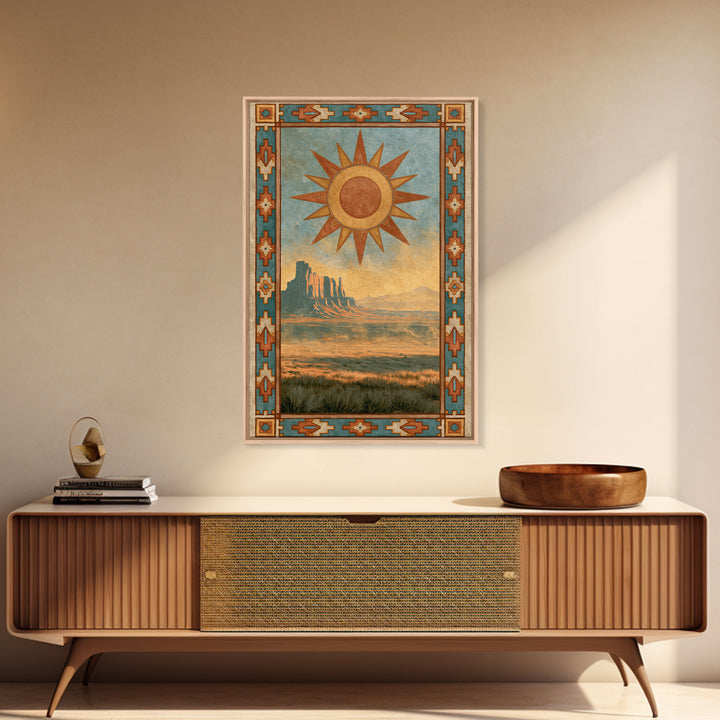 Sun Symbol with Geometric Southwest Border Canvas Print, Southwestern Art, Southwestern Decor, Abstract Art, Mesa, SOU-2x3-5