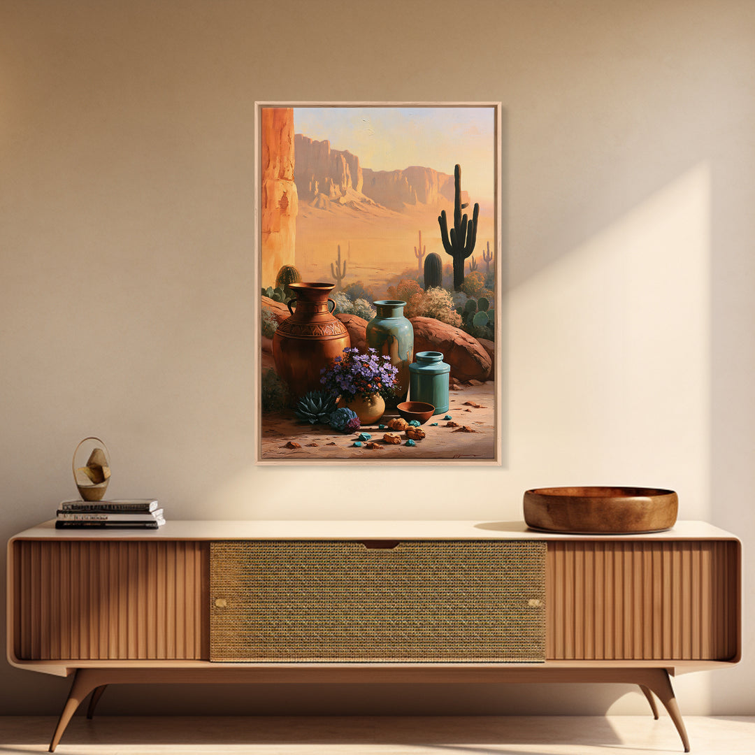 Painted Pottery and Desert Wildflowers Canvas Print, Southwestern Art, Western Wall Art, Southwestern Decor, Watercolor Art, SOU-2x3-96