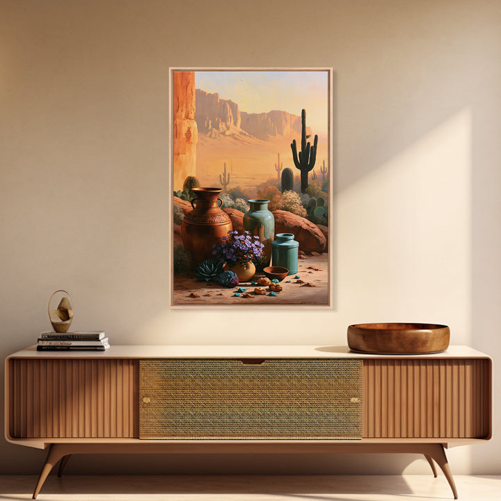 Painted Pottery and Desert Wildflowers Canvas Print, Southwestern Art, Western Wall Art, Southwestern Decor, Watercolor Art, SOU-2x3-96