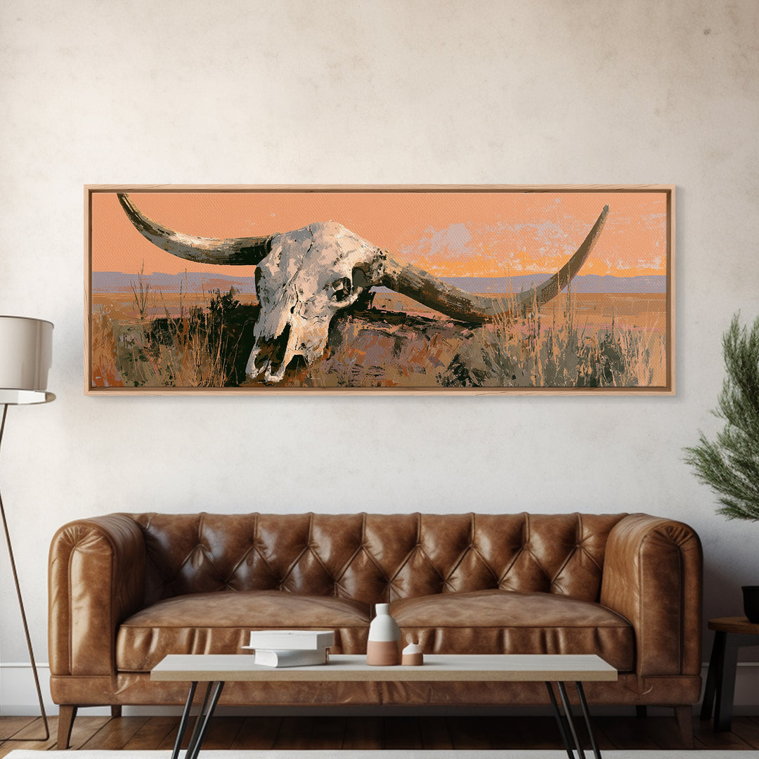 Sun Bleached Longhorn Skull Still Life Framed Canvas Print, Southwestern Art, Landscape Painting, Southwestern Decor, Mesa, SOU-3x1-1