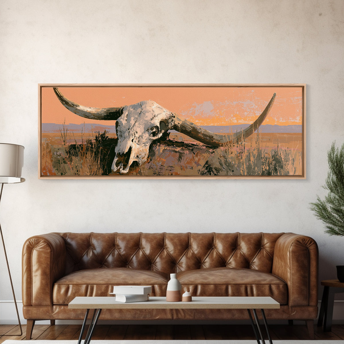 Sun Bleached Longhorn Skull Still Life Framed Canvas Print, Southwestern Art, Landscape Painting, Southwestern Decor, Mesa, SOU-3x1-1