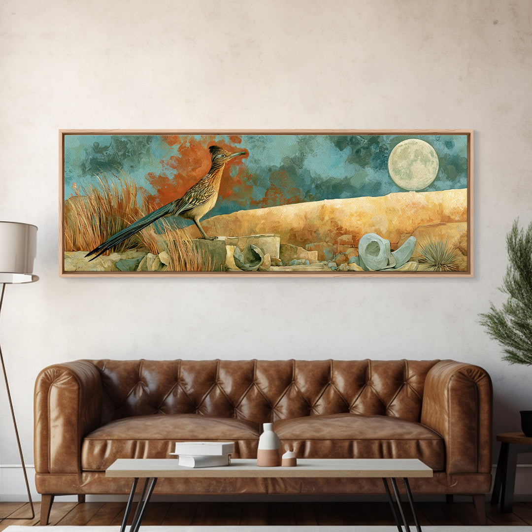 Roadrunner under a Pale Desert Moon Canvas Print, Southwestern Art, Antique Oil Painting, Southwestern Decor, Fine Art, Mesa, SOU-3x1-24