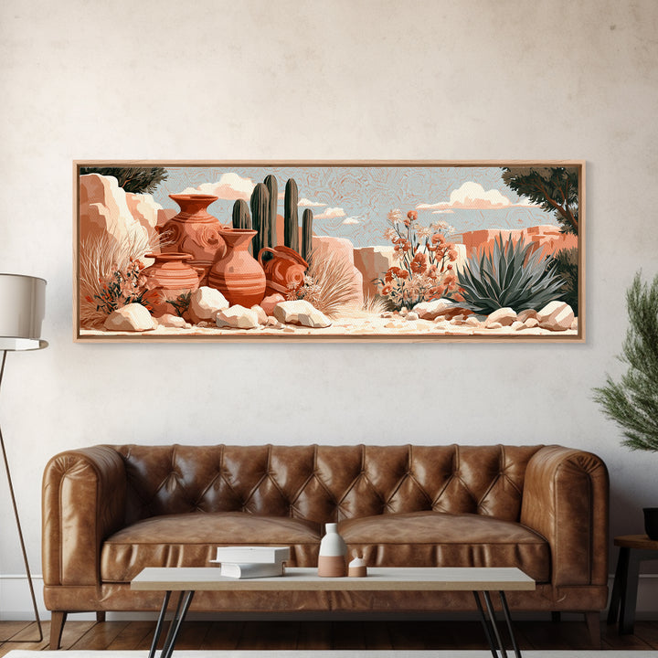 Painted Pottery and Desert Wildflowers Framed Canvas Print, Southwestern Art, Rustic Home Decor, Southwestern Decor, Mesa, SOU-3x1-32